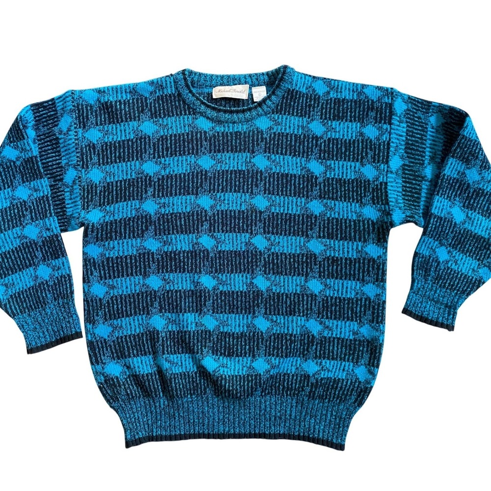 Michael Gerald Mens Blue Black Geometric Pattern Knit Sweater‎ Pullover Size L